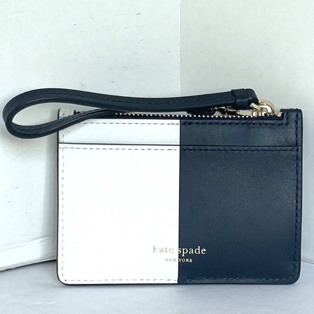Kate Spade Nicola Mini Wristlet Wallet Black White Colorblock Leather Zip Card H - Picture 2 of 7